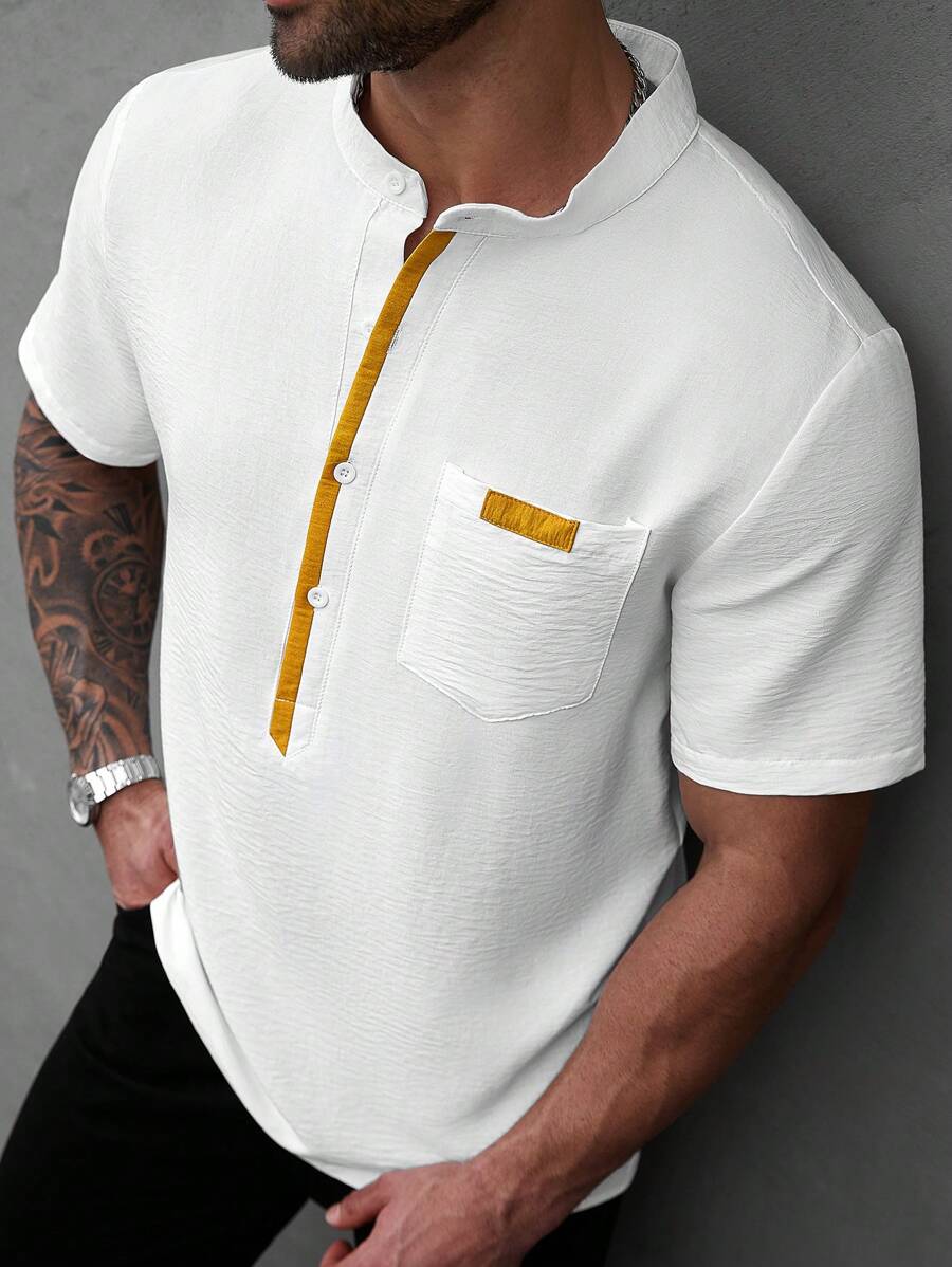 Manfinity Homme 大码男士夏季简约时尚短袖衬衫 - 白色 - 查看 1