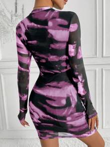 Chiquease Women's Tie-Dye Print Crew Neck Long Sleeve Ruched Fitted Fashion Dress