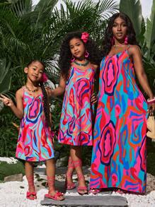 SLAYR KIDS Young Girl Young Girl Tropical Summer Vacation Ruffled Wave Print Slip Dress, Mommy And Me Matching Outfits (3 Pieces Sold Separately)