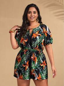 Breezaya Plus Size Vrouwen Bloemenprint V-hals Korte Mouw Jumpsuit Voor Vakantie