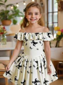 Girls' Soft & Comfortable Tie-Dye Butterfly Print Dress With Transparent Spaghetti Straps And Off-Shoulder Design, Charming And Cute Look,Holiday,Summer,Travel - Beige - View 1