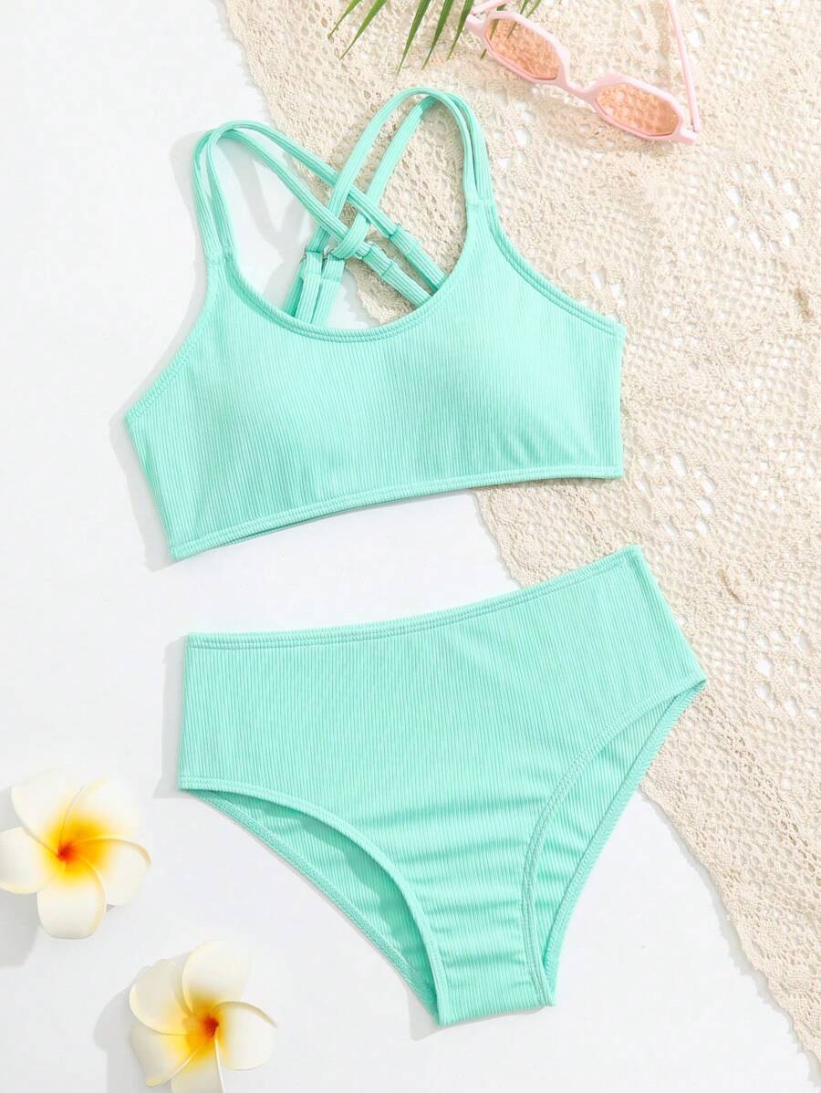 SHEIN WESTFADE Young Conjunto de bikini de unicolor con espalda cruzada para adolescentes, apto para el verano y la playa
