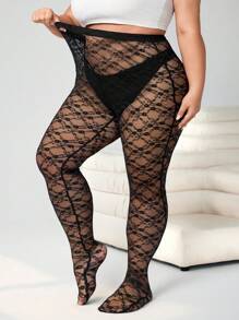 SHEIN CURVE+ 大码黑色纯蕾丝简约透视紧身裤，休闲日常穿着 - 黑色 - 查看 6