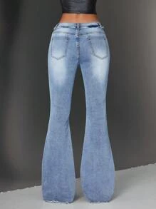 SHEIN ICON Women's Cross Pattern Fringed Flared Casual Jeans - Blue - View 3