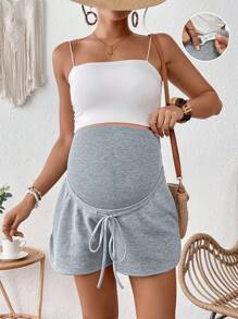 SHEIN Grey Maternity Casual Knitted Fabric Shorts With Adjustable Waistband For Comfortable Everyday Wear - Grey - View 7