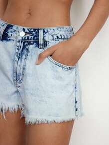 Maija Women's Washed Blue Denim Frayed Hem Shorts - Light Wash - View 7