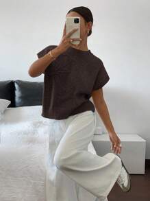 Siren Gaze Women Floral Pattern Round Neck Loose Knit Short Sleeve Top,Knitted Sweater Brown