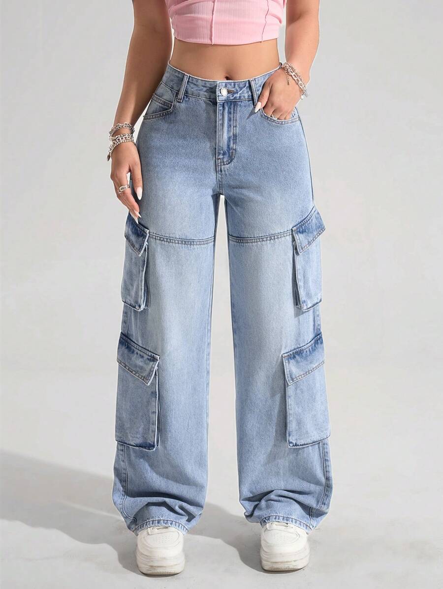 SHEIN EZwear Women's Multi-Pocket Wide Leg Loose Casual Jeans