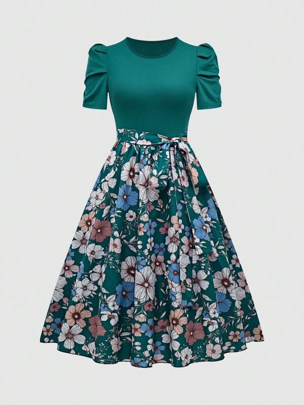 Breezaya Women Floral Print Puff Sleeve Elegant Mid-Length Vacation Dress