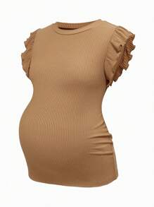 SHEIN Maternity Solid Color Round Neck Cap Sleeve Casual Ribbed T-Shirt - Khaki - View 6