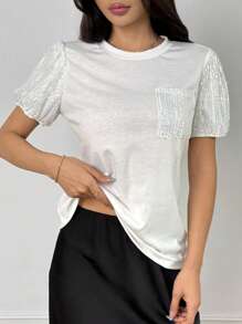 Chiquease 2025春夏泡泡袖圆领修身T恤 - 白色 - 查看 6