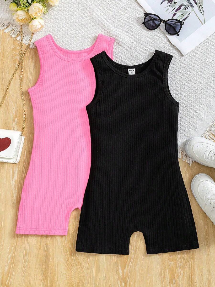 2pcs/Set Tween Girl Solid Color Rib Knit Crew Neck Camisole Romper - Pink - View 1