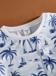 SHEIN Camiseta e shorts com estampa de coqueiro, roupa casual para meninos - Multicolorido - Ver 6