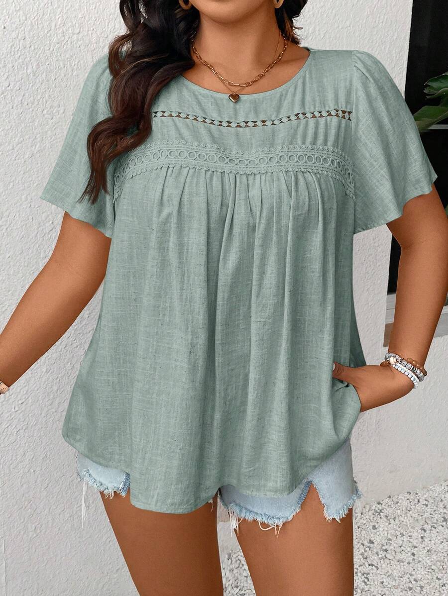 SHEIN Frenchy Plus Size Women Solid Color Contrast Lace Ruffle Sleeve Blouse - Mint Green - View 1