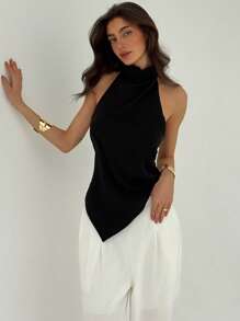 Aloruh 女士纯色不对称下摆挂脖上衣 - 黑色 - 查看 4