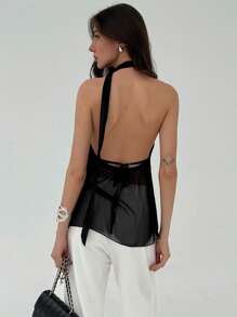 Aloruh Top con cuello halter y espalda descubierta, asimétrico y sexy para mujer