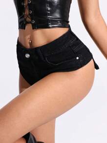 SHEIN EZwear 女士时尚性感低腰迷你牛仔短裤 - 黑色 - 查看 5