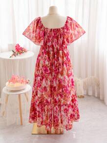 Soleia Plus Size Women's Spring/Valentine's Day Pink Floral Print Square Neck Ruched Chest Ruffled Sleeve Chiffon Maxi Dress,Beach Dress Sundress,Holiday Outfits Boho - Multicolor - View 2