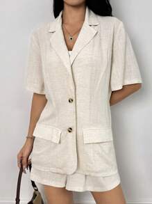 SHEIN EZwear 2 件套：浅卡其色短袖西装外套和短裤 - 卡其色 - 查看 5