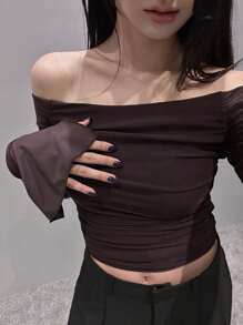 DAZY Women's Solid Color Oblique Open Shoulder Wrap Short Sleeve T-Shirt, Spring/Summer/Autumn,Off Shoulder Top Long Sleeve Women Tops,Fall Women Clothes Crop Women Tops