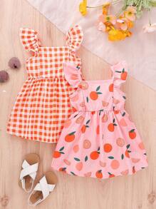 SHEIN 2pcs/Set Baby Girl Plaid And Floral Print Cap Sleeve Button Down Dress, Cute Summer Vacation
