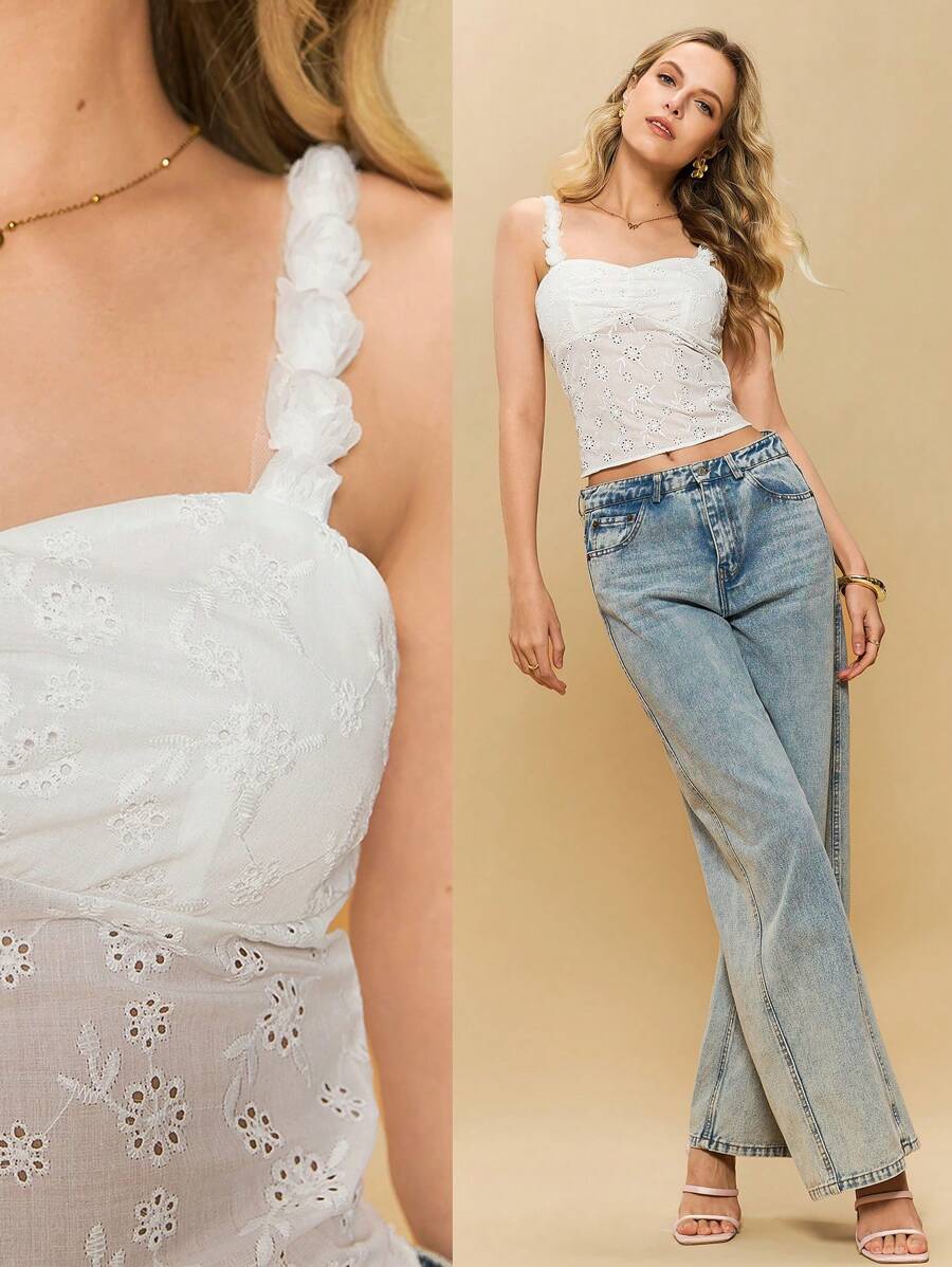 Poéselle Damen Urlaubs Batik Stickerei 3D Blumen Träger Top - Weiss - Übersicht 1