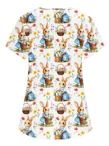 PopScrub Women V-Neck Short Sleeve Dual Pocket Cute Rabbit Egg Floral Basket Cartoon Print Nurse/Doctor Work Uniform Scrub Top, Veterinary/Nutritionist/Laboratory Work, Functional Short Sleeve For Easter, St. Patrick's Day, Spring Women Scrub Sets Scrub Tops Easter Shirts For Women Scrubs Scrub - Beige - View 2