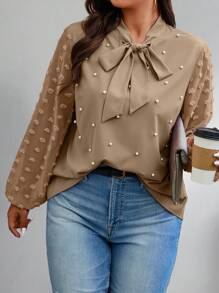 Celure 1pc Women Plus Size Tie Neck Long Sleeve Faux Pearl Elegant Blouse