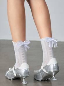 ROMWE Kawaii Women's Solid Color Butterfly Decor Jacquard Mid-Calf Socks - White - View 5