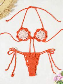 SHEIN Swim Women's Vacation Beach Strawberry Hollow Out Knit Cover Up For Summer - Orange - View 2