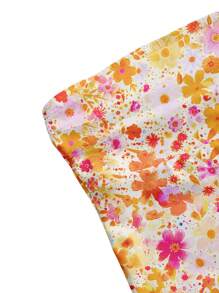 cha5rlie Women Girlcore Casual Orange & Pink Floral Print Cropped Tight-Fitting Strapless Bandeau Top, For Summer, Holiday, Vacation, Going Out, Festival - Coral Orange - View 3