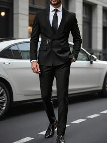 Manfinity Mode Men's Plain Lapel Neck Long Sleeve Top And Pants Suit Set,Men's Business Casual Printed Plaid Double-Breasted Suit Jacket And Trousers Set, Two-Piece Outfit Men Formal Outfit Men Dress Outfit Suits For Men Men Formal Wear Men Suit Formal - Black - View 1