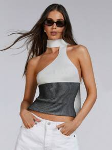 Athîral Blusa de punto ajustada de corte halter a rayas para mujer
