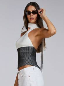 Athîral Blusa de punto ajustada de corte halter a rayas para mujer