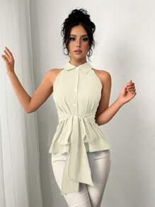 Chiquease Sleeveless Bowknot Design Blouse - Apricot - View 4