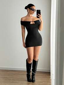 EgrlEra Women's Elegant Sexy Party Off-Shoulder Cut-Out Waist Bodycon Mini Dress, Little Black Dress - Black - View 4