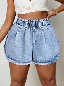 SHEIN SXY Plus Size American Street-Style Heavy Washed Denim Shorts - Light Wash - View 6