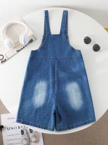 Tween Girl 字母刺绣口袋休闲牛仔背带裤 - 藍色 - 查看 2