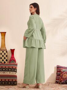 SHEIN 2pcs Maternity Tassel Trim Patchwork Lantern Sleeve Shirt And Pants Set - Green - View 3