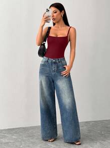 SHEIN PETITE Bộ đồ liền thân bó sát có dây đeo co giãn cao dành cho nữ - Màu Đỏ Sâu - Xem 7