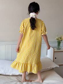 Dazy Kids 青少年女孩秋装，青少年女孩圆领编织格子短袖睡袍家居服，夏季，返校服 - 黃色 - 查看 3