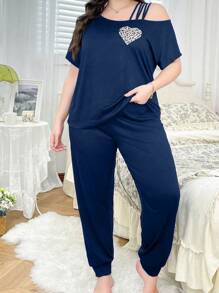 Plus Size Women Design Short Sleeve T-Shirt, Sexy Open Shoulder Casual Comfortable Pajama Set, Outfits - Navy Blue - View 3