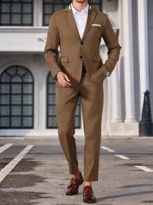 Manfinity Mode Plus Size Men Colorblock Lapel Neck Long Sleeve Blazer And Pants Casual Set - Bronze - View 3