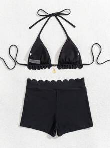 Swim Vcay 女士黑色纯色尼龙材质露背设计简约度假风格泳装套装 - 黑色 - 查看 7