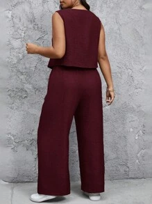 SHEIN Tall CURVE Women Plus Size Solid Color Single-Breasted Vest And Pants Casual Two Pieces Set - Burgundy - View 2