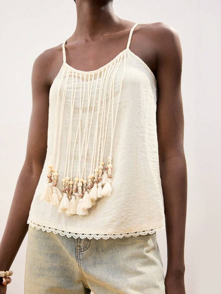 SHEIN Maija Beige Tassels Decor V-Neck Camisole For Women, Comfortable Breathable Casual With Design For Beach Holiday Wear