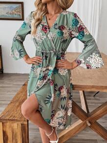 SHEIN Clasi Vestido asimétrico con cuello en V, mangas de campana 3/4, abertura alta y estampado floral en estilo retro bohemio casual europeo y americano - Multicolor - Ver 5