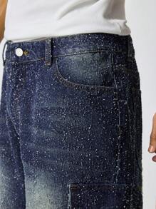 ROMWE MEN Casual سروال قصير من الجينز عريض الساق للرجال مبهت المظهر - الأسود - مشاهدة 6