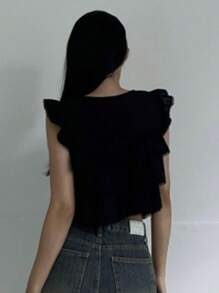 DAZY Camicetta da donna con collo a cravatta, patch e arricciature, maniche a cappuccio in pizzo, colore nero, con volant