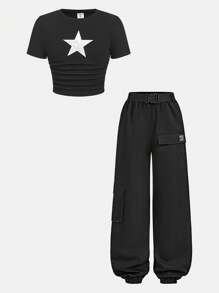 Tween Girl 2pcs Set: Ribbed Star Print Short Sleeve T-Shirt + Woven Cargo Pants With Belt And Pockets, Casual Fashion Street Style, Back To School, Sweet & Cool Girl, Y2K Vibe - Black - View 7